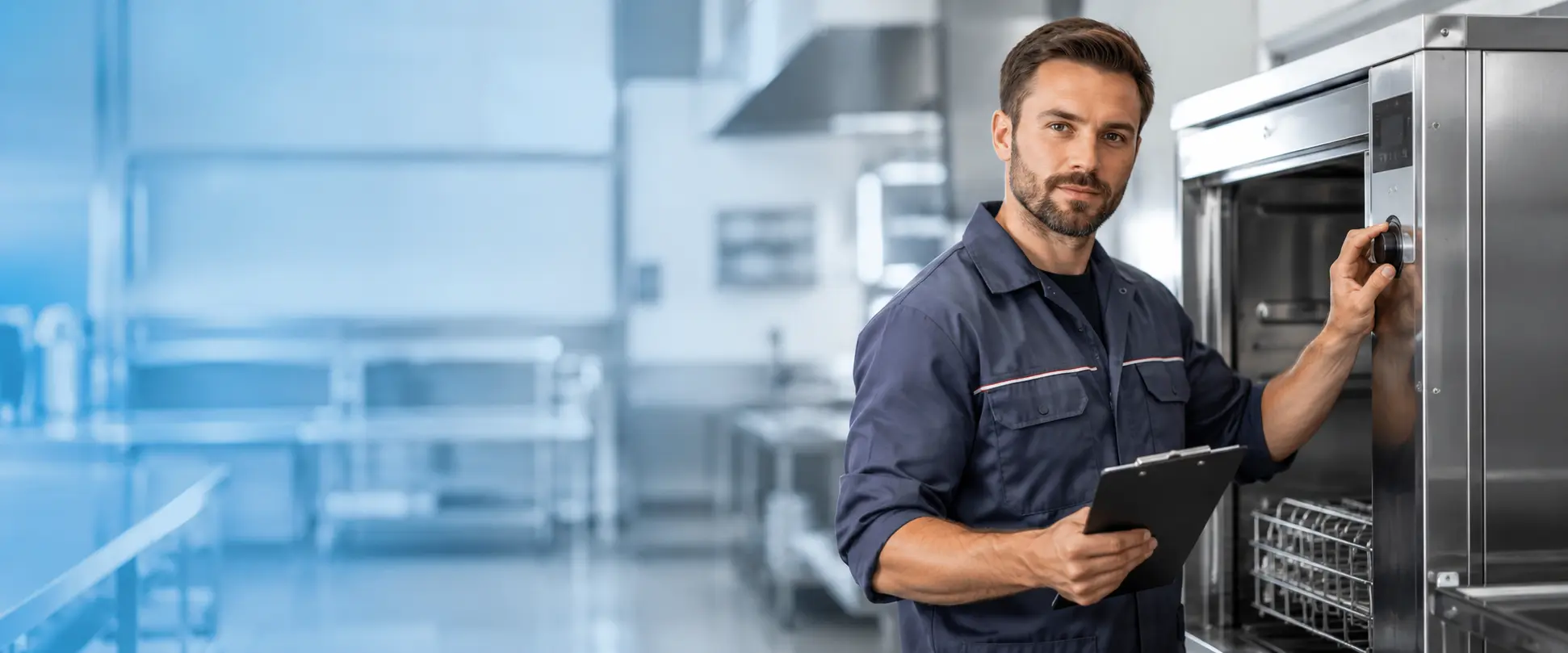 Técnico qualificado inspecionando máquina de lavar louça industrial Henfel em cozinha de aço inoxidável