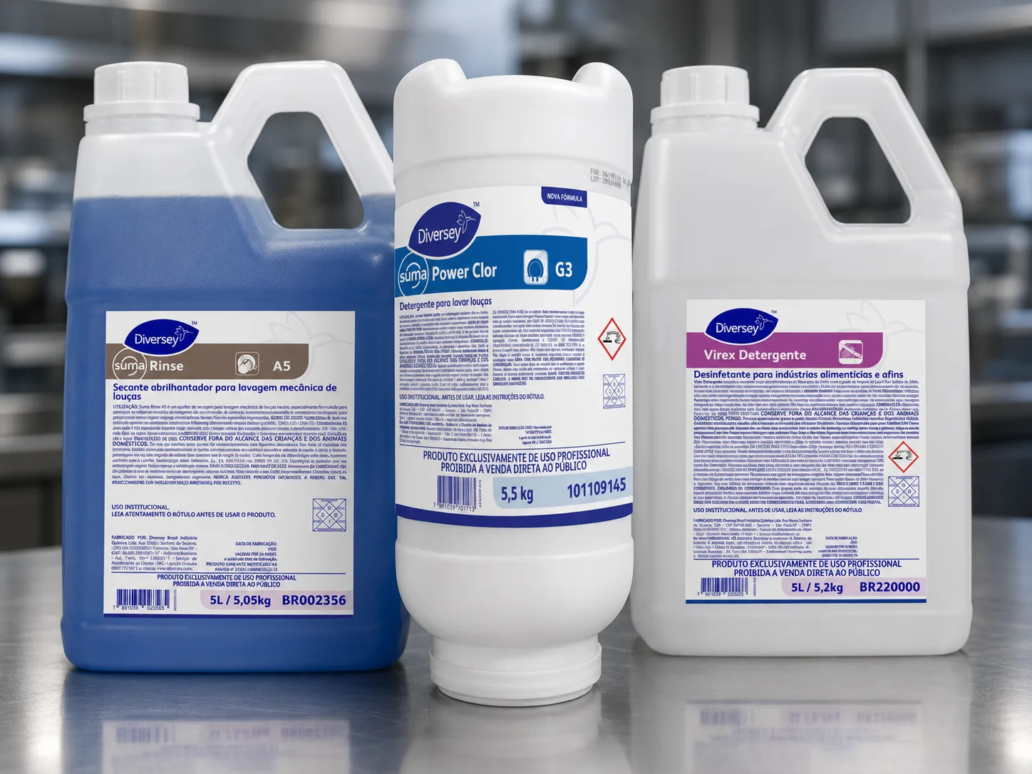 Produtos Diversey Suma Power Clor, Suma Rinse e Virex Detergente para o ciclo completo de lavagem de louça