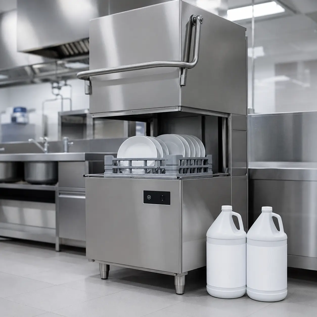 Máquina de lavar louça industrial com galões de produtos químicos concentrados Diversey homologados pela ANVISA